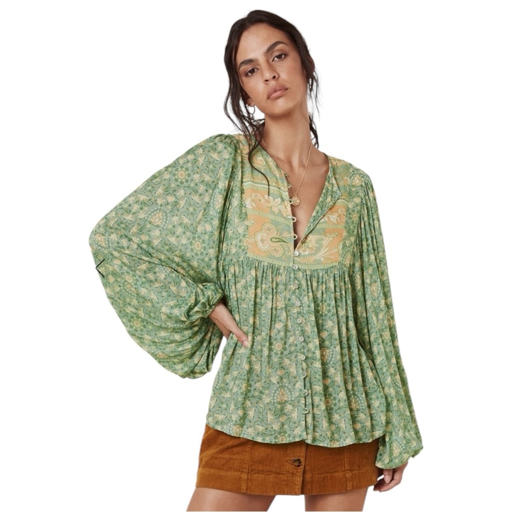 Spell Madame Peacock Boho Blouse Emerald Green XS